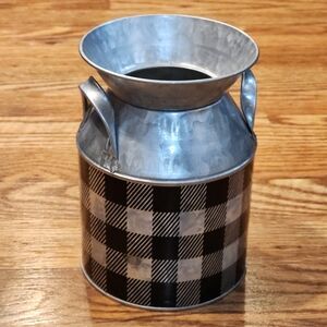 Farmhouse Silver and Black Buffalo Plaid Checkered Metal Milk Can With Handles